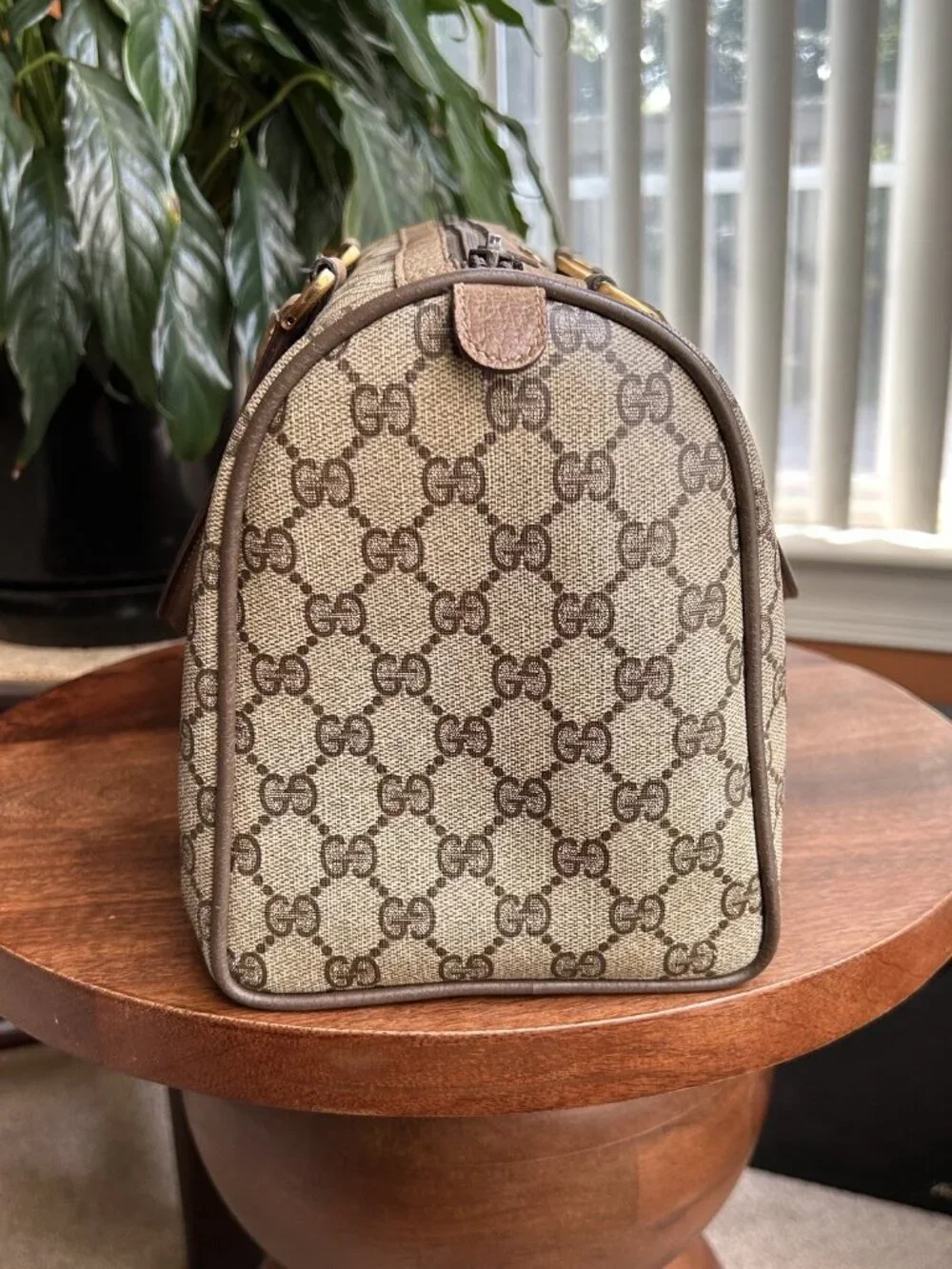 GUCCI GG Supreme Monogram Sherry Web Boston Bag, Tan